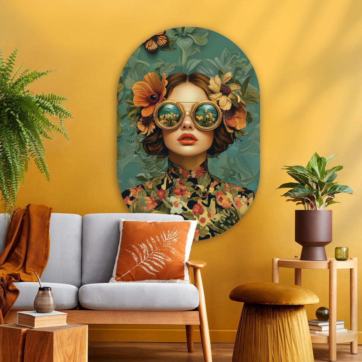 WANDBILD Frau - Blumen - Schmetterlinge - Natur - Vintage 80x120 cm - Petrol, Kunststoff (80/120cm) - MuchoWow