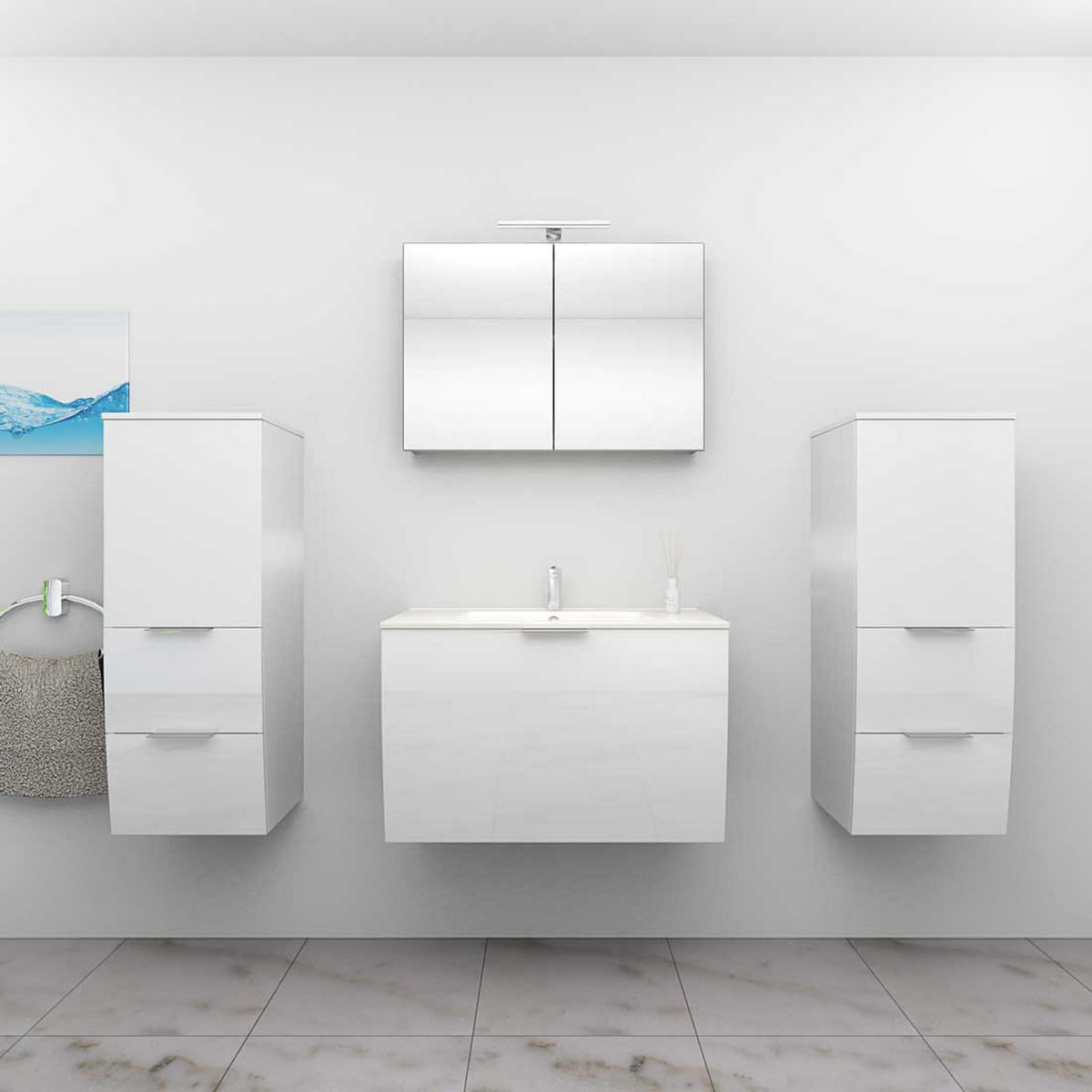 BADMÖBEL Set Gently 1 V3 Weiß MDF Waschtisch 80cm - Weiß, Glas/Kunststoff (46/52/80cm) - AcquaVapore by Sandra Jentho