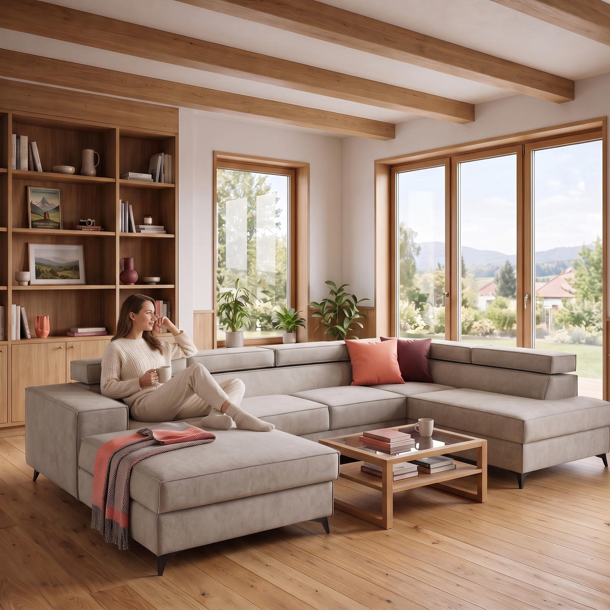 ECKSOFA PURE U Rechts mit Schlaffunktion 127x270 Velours Creme - Creme/Schwarz, Holz/Textil (204/340cm) - Muffo