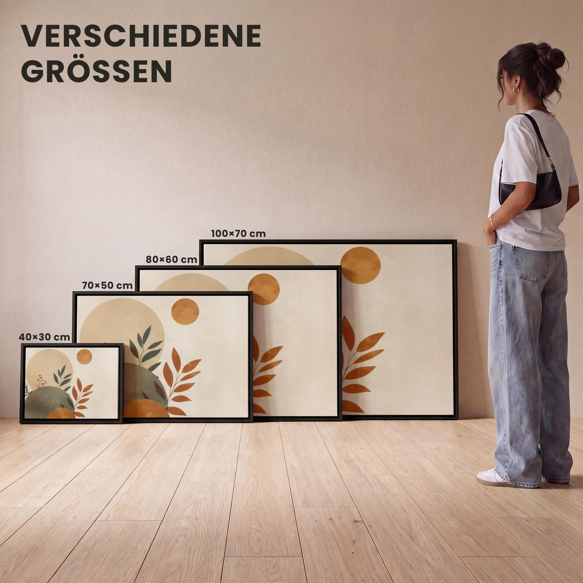 LEINWAND Bilder mit Rahmen - Formen - Rund - Blätter - Beige - 100x70 - Rostfarben, Textil (100/70cm) - MuchoWow