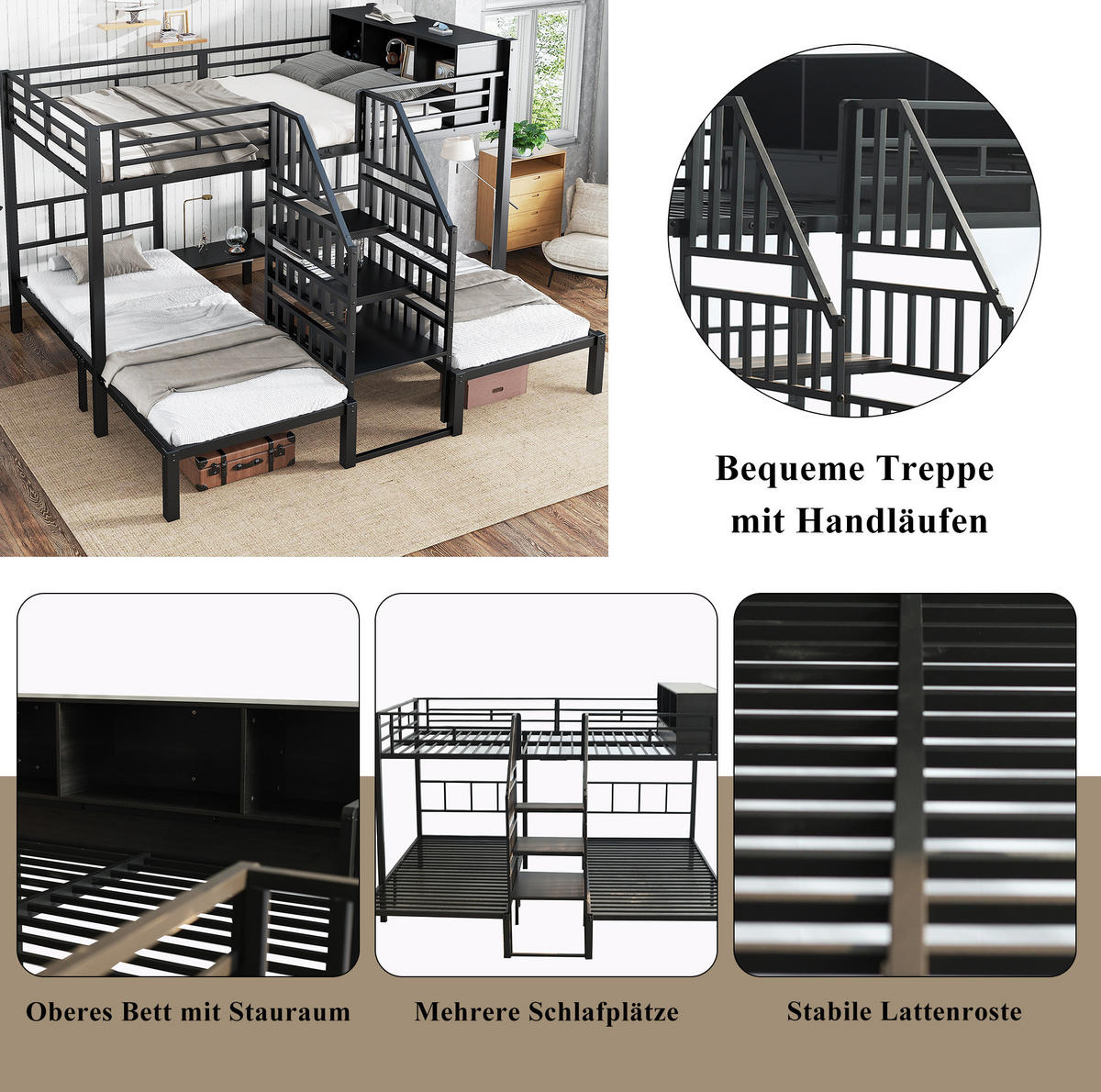 ETAGENBETT mit 3 Schlafplätzen 90x200 & 140x200 cm in Schwarz mit Stauraum - Schwarz, Metall (140/200cm) - IVMEU