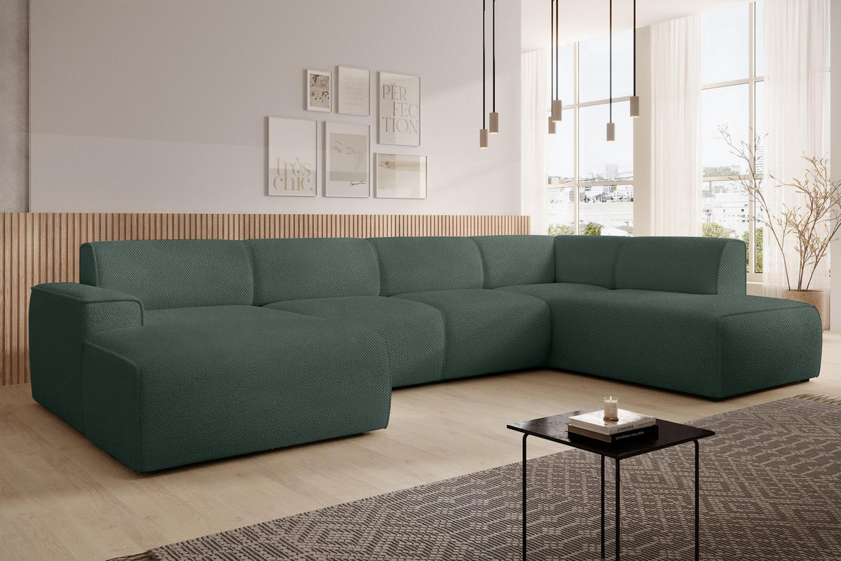 WOHNLANDSCHAFT Didim Grün 378/220/78 cm – großes Sofa stilvoll & bequem R - Schwarz/Grün, Kunststoff/Textil (378/78/220cm) - AX Living