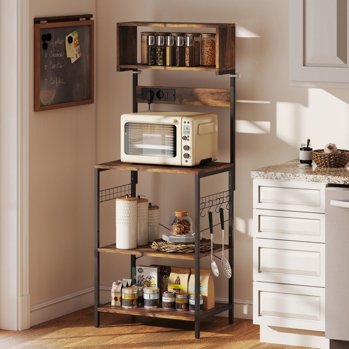 KÜCHENINSEL 60/42/153 cm mit 2 Steckdosen, 5 Haken und verstellbarer Ablage, Rustikalbraun - Braun, Holz (60/153/42cm) - Redom
