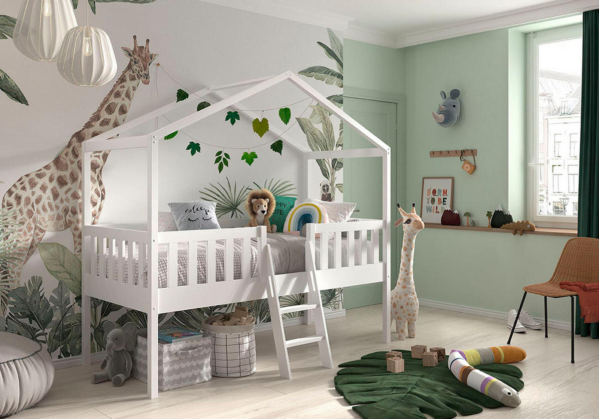 HAUSBETT mit Leiter Kapua 209x202x120 aus Massivholz in Weiß - Weiß, Holz (90/200cm) - 58aufmkessel