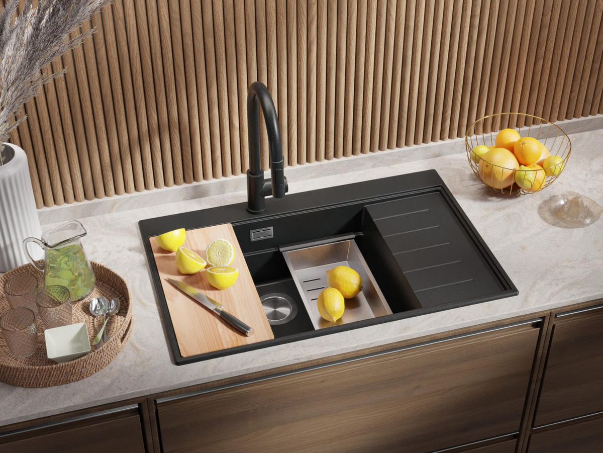 SPÜLBECKEN Sydney, 2-er set Anthrazit 78/50 cm 1 Becken + Ablauf-Set + Küchenzubehörset ab 60er Unterschrank - Chromfarben/Anthrazit, Kunststoff (78/20/50cm) - Primagran