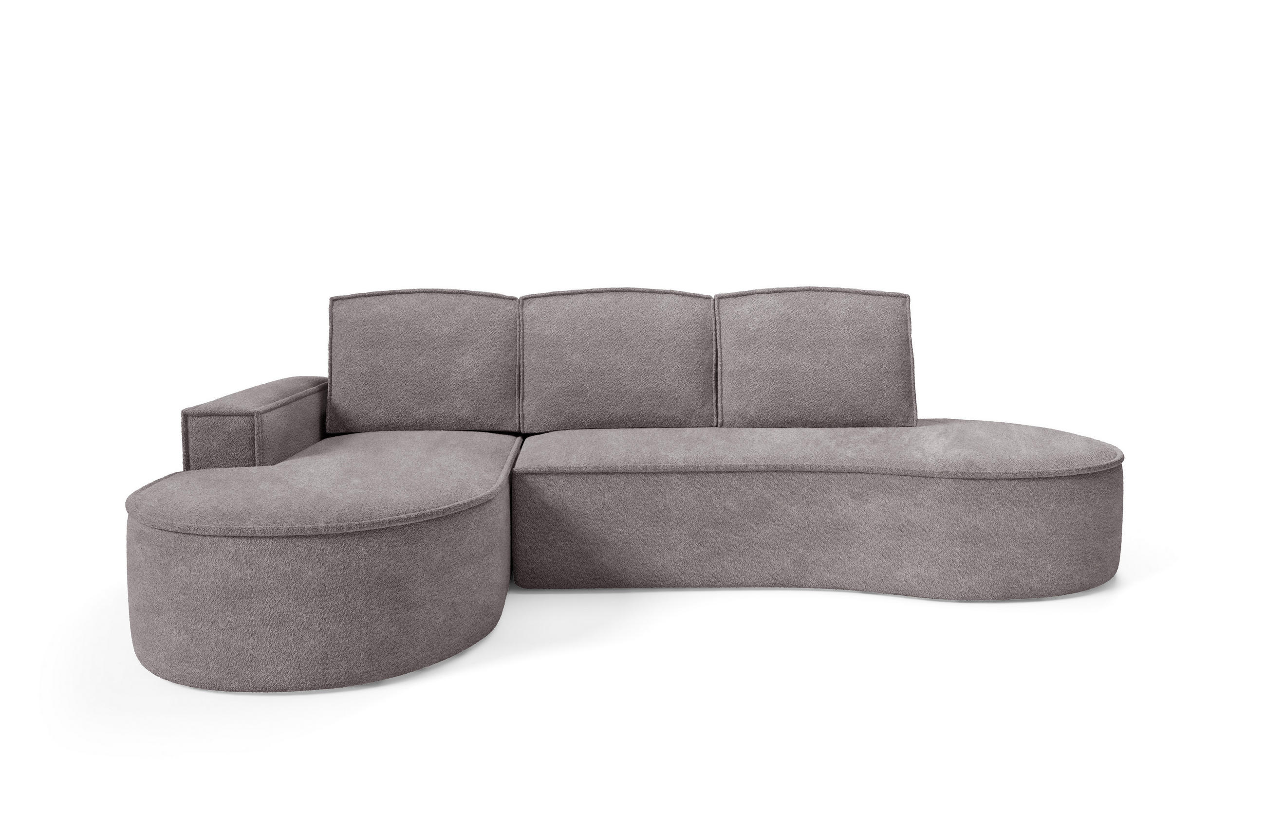 ECKSOFA MOLLY mit Schlaffunktion – Halbrund, freistehend, Liegefläche 140x207 cm, 3 Kissen, Abriamo-Stoff, 277x157x88 cm, Links Grau Seide - Hellgrau, Holz/Textil (157/277cm) - DomoHome