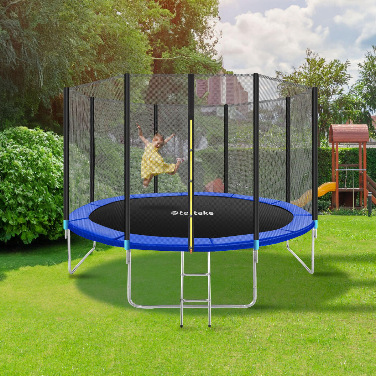 TRAMPOLIN Garfunky,inklusive Einstiegsleiter,schwarz/blau - Blau/Schwarz, Metall (396/260/396cm) - tectake