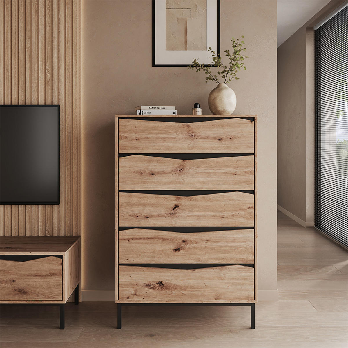 KOMMODE Elvano, Eiche/Schwarz, 79.2 x 120 cm mit 5 Schubladen - Eichefarben/Schwarz, Holzwerkstoff (79.2/120/39.2cm) - Vicco