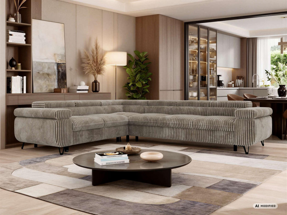 ECKSOFA NORDEN L - Hellbraun Cord - Rechts Seite - Hellbraun/Schwarz, Textil/Metall (329/269cm) - MKS