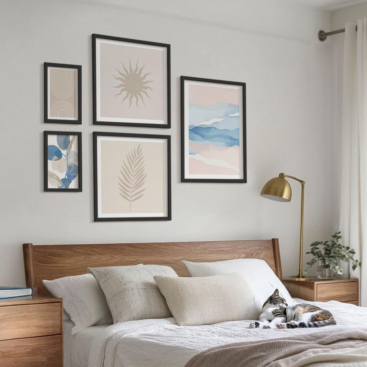 BILDER SET 5er Set - 50x50 cm & 20x30 cm & 40x60 cm Schwarzer Rahmen - Abstrakte Linien der Sonnenwellen - Schwarz, Kunststoff (40/60cm) - TULUP