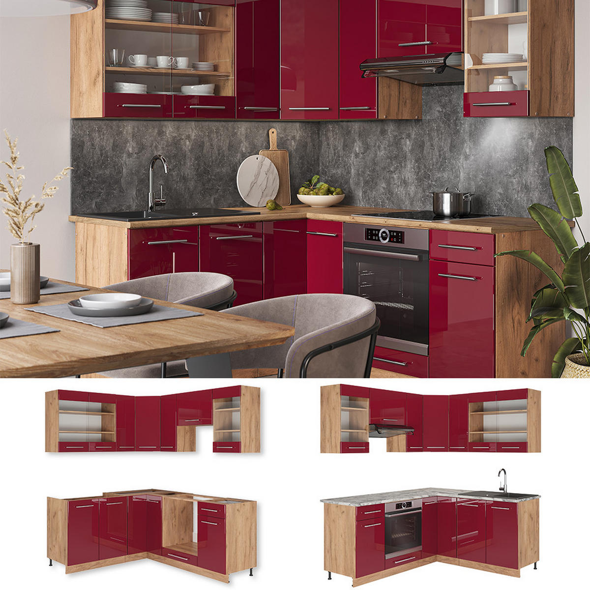 ECKKÜCHE Fame-Line Bordeaux Hochglanz/Goldkraft Eiche 160 x 190 cm AP Anthrazit - Bordeaux/Eiche Wotan, Holzwerkstoff (190/81.6/60cm) - Vicco