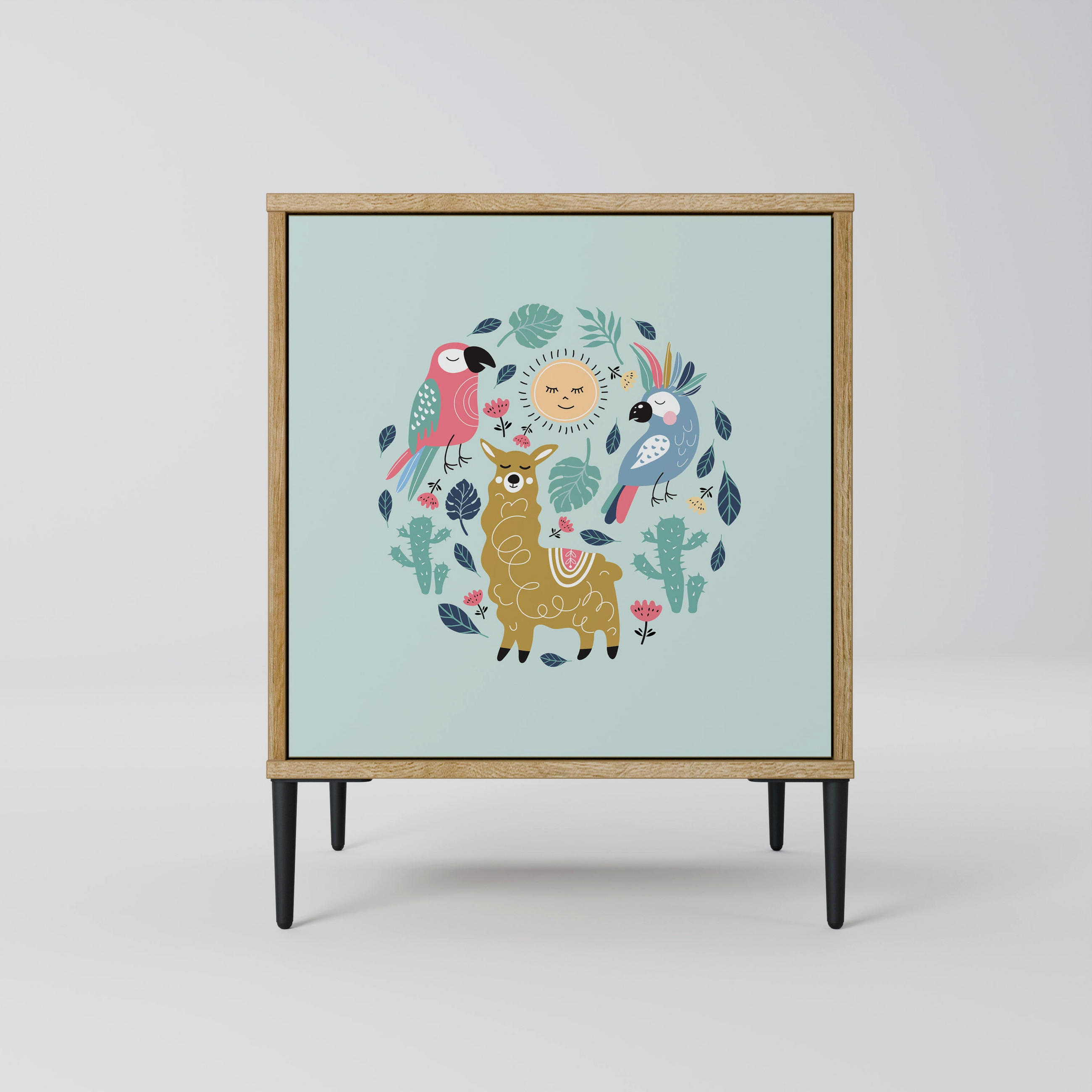 SIDEBOARD COLORFUL ALPACAS, Eichefarben, 57,5x42x72,5 cm, Schwarze Metallfüße - Eichefarben/Multicolor, Holzwerkstoff/Metall (57.5/72.5/42cm) - SpaceRebels