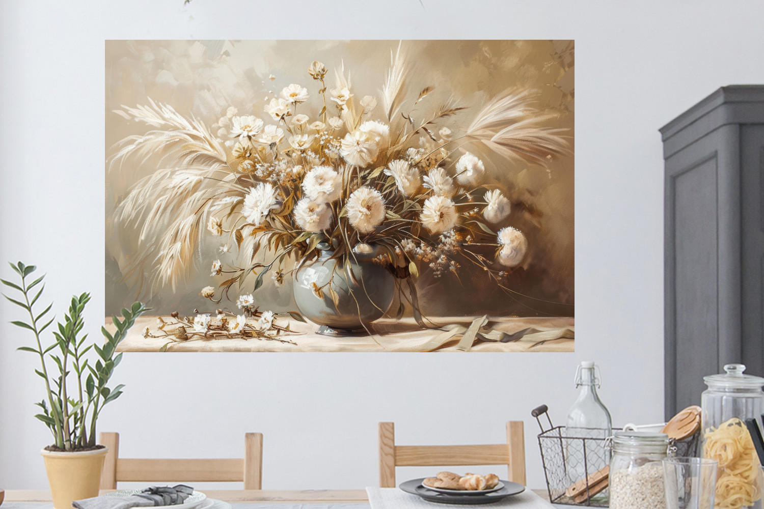 WANDTATTOO Blumen - Vase - Stilleben - Beige 120x80 cm - Creme, Kunststoff (120/80/0.1cm) - MuchoWow