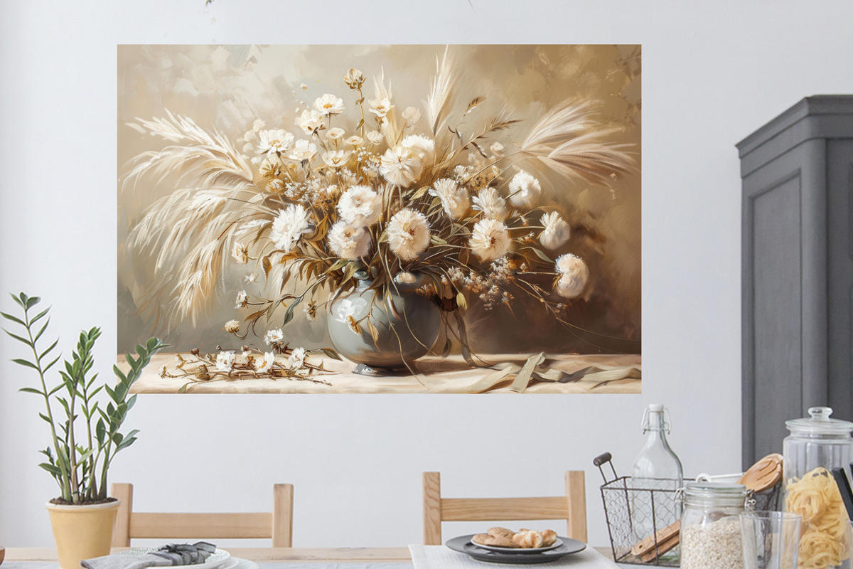 WANDTATTOO Blumen - Vase - Stilleben - Beige 120x80 cm - Creme, Kunststoff (120/80/0.1cm) - MuchoWow