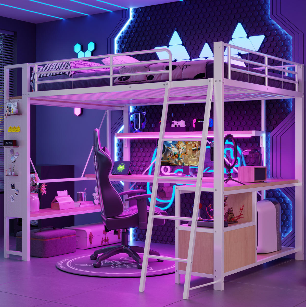HOCHBETT 140/200 cm aus Metall/MDF mit Schreibtisch, LED-Lichtleiste und Stauraum Weiß - Weiß, Metall (140/200cm) - Modenvie