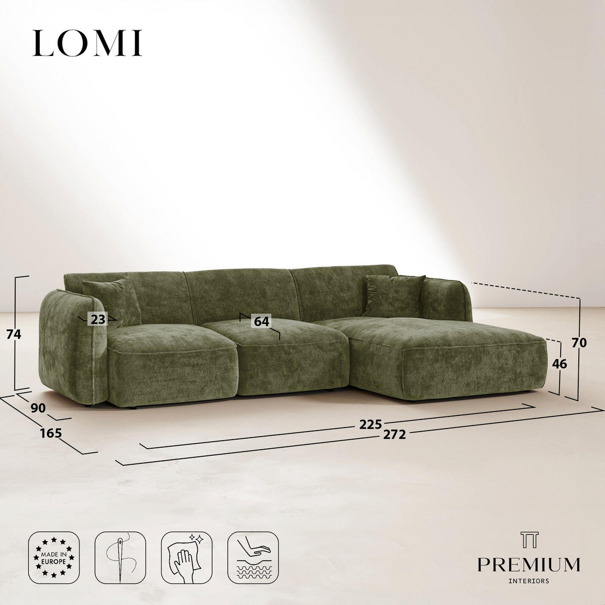 ECKSOFA rechtwinklig LOMI Geprägter Samt Vintage-Grün 272cm - Dunkelgrün/Grün, Textil (272/90cm) - Premium Interiors
