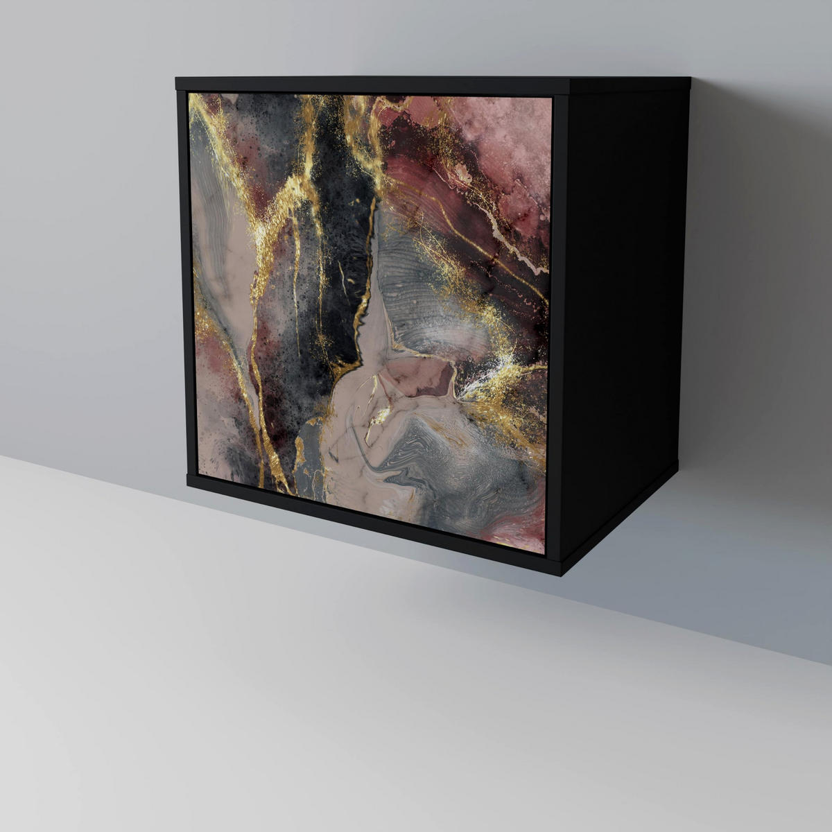 SIDEBOARD GOLDEN TIDES, Schwarz, 57,5x42x75,5 cm, Goldfarbene Metallfüße - Goldfarben/Multicolor, Holzwerkstoff/Metall (57.5/75.5/42cm) - SpaceRebels