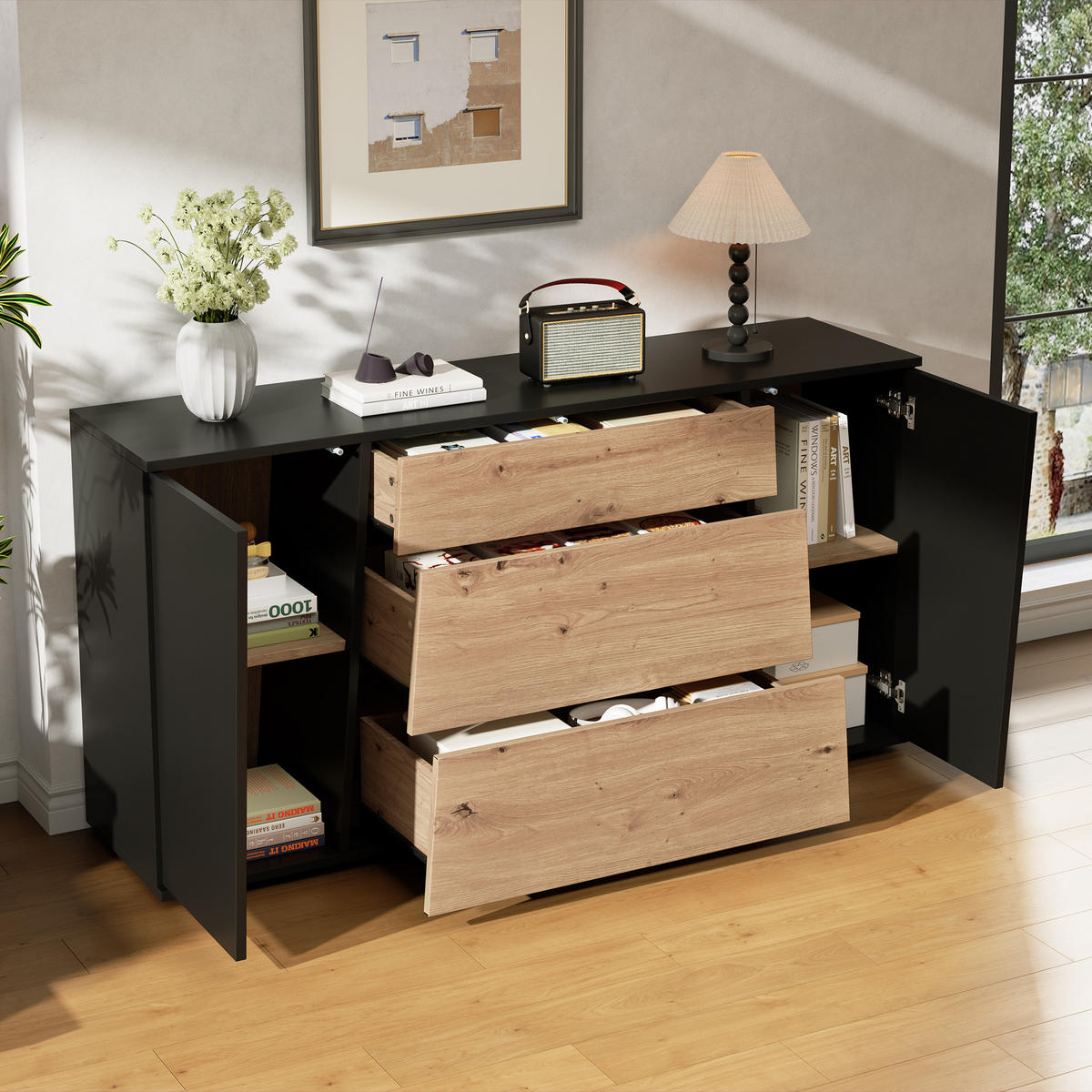 KÜCHENSCHRANK 140x35x70cm Schwarz Holzton mit 3 Schubladen - Schwarz/Naturfarben, Holzwerkstoff (140/70/35cm) - FLIEKS