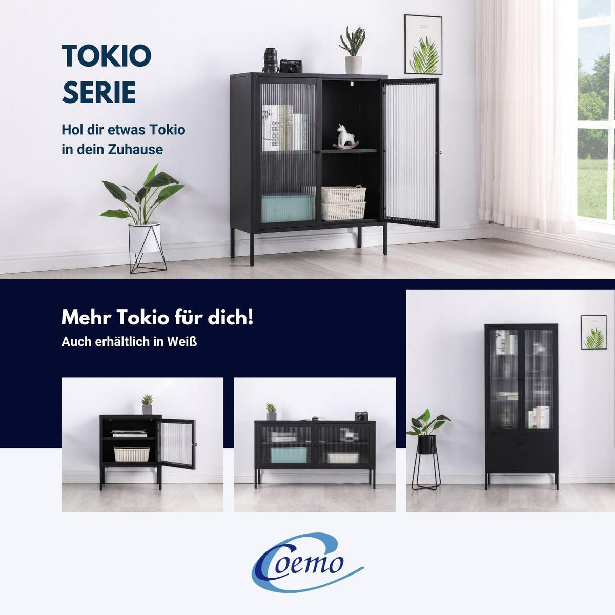 VITRINE TOKIO aus Metall mit Glastüren 80/35/180 cm in Schwarz - Schwarz, Metall (35/180/80cm) - Coemo