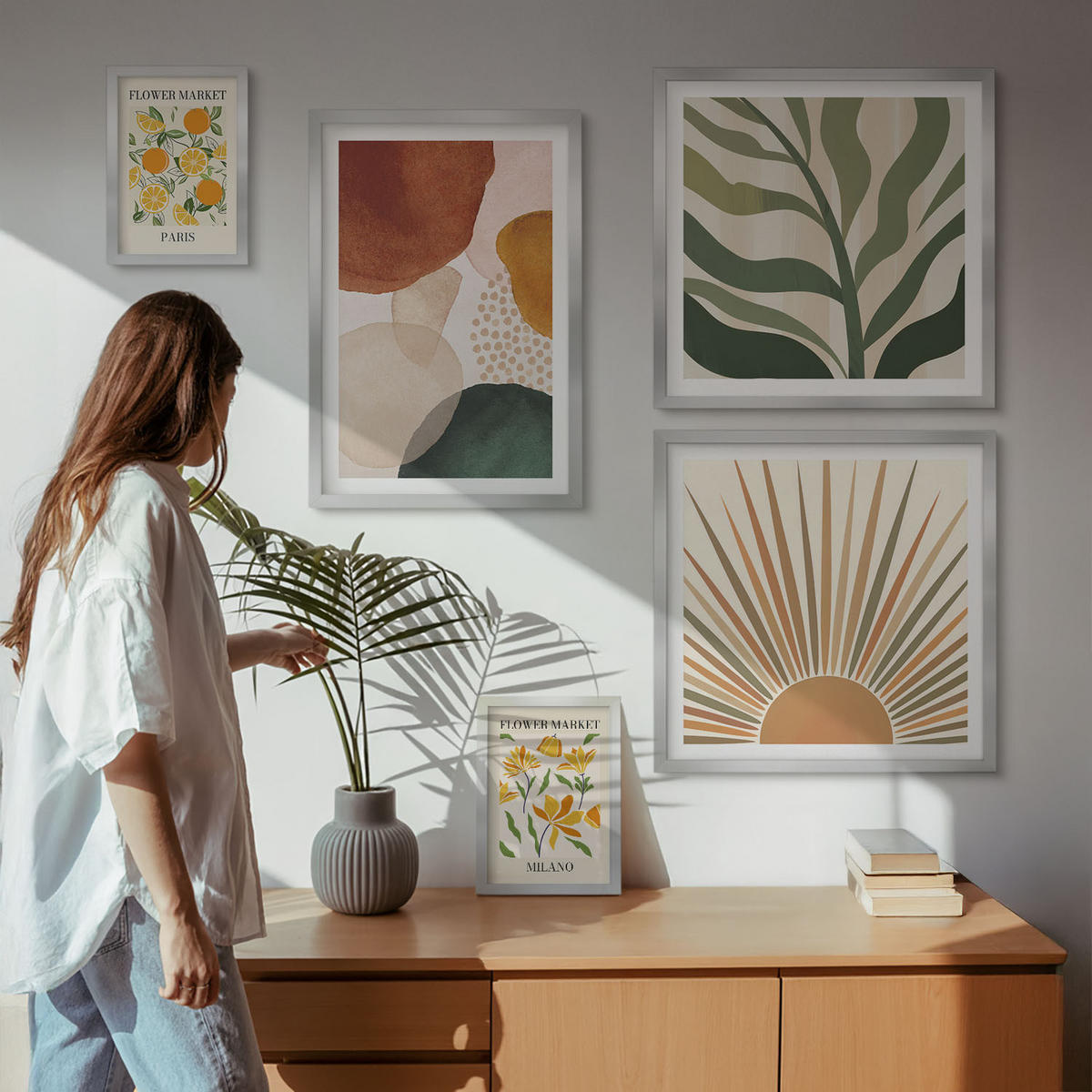 WANDBILDER 5er Set - 50x50 cm & 20x30 cm & 40x60 cm Silberner Rahmen - Abstrakte Blumenmotive - Silberfarben, Kunststoff (40/60cm) - ArtPrintCave