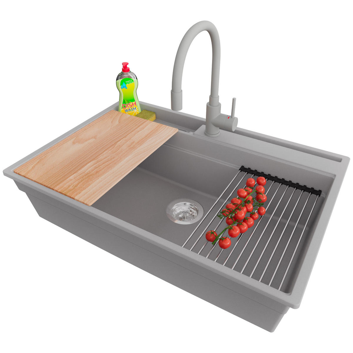 GRANITSPÜLE Oslo Pocket, 2-er set Grau 78/53 cm 1 Becken + Küchenarmatur 38/14 cm + Ablauf-Set + Küchenzubehörset ab 80er Unterschrank - Chromfarben/Beige, Kunststoff (78/20/53cm) - Primagran