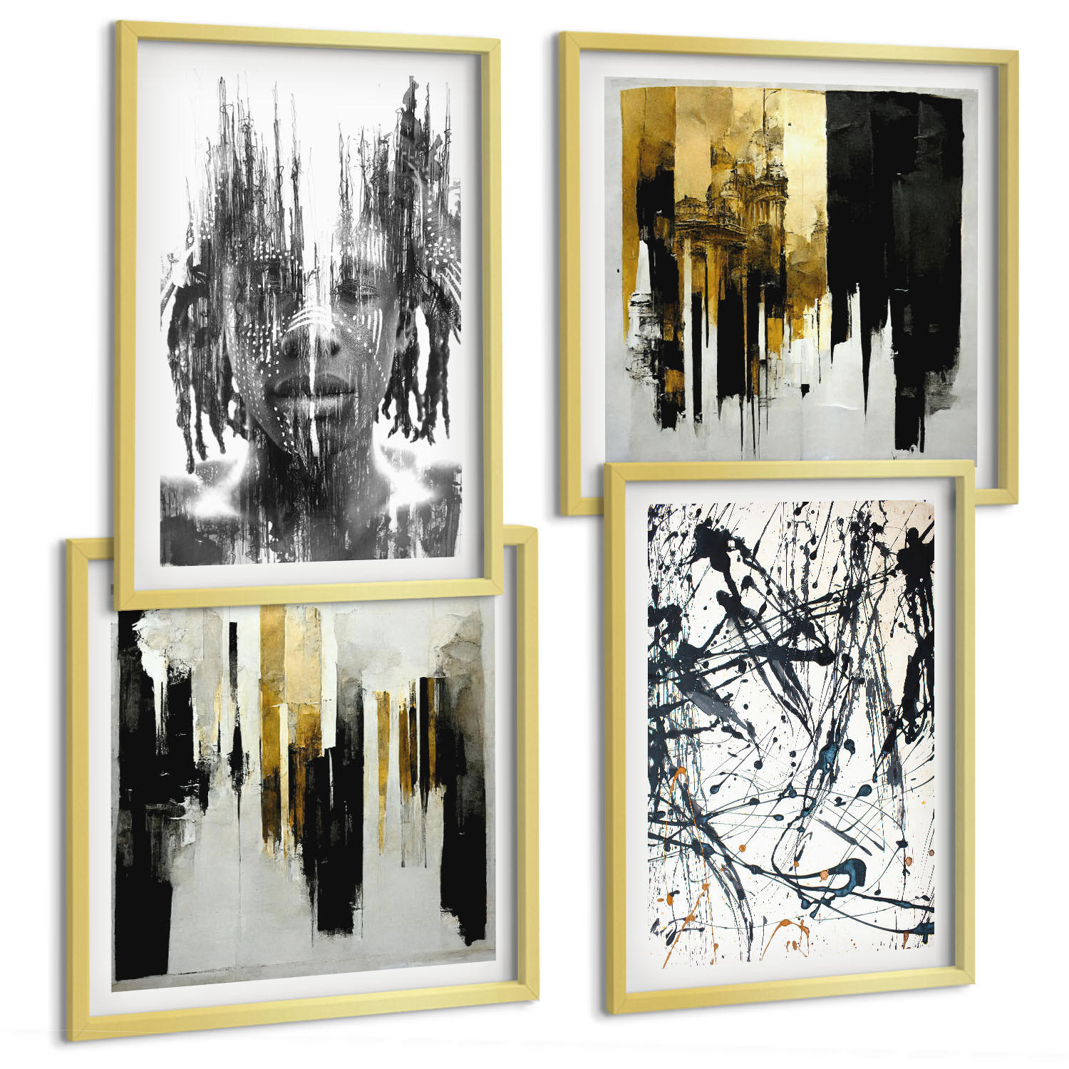 BILDER SET 4er Set - 50x50 cm & 40x60 cm Goldrahmen - Kontrastierende abstrakte Porträts - Goldfarben, Kunststoff (50/50cm) - TULUP