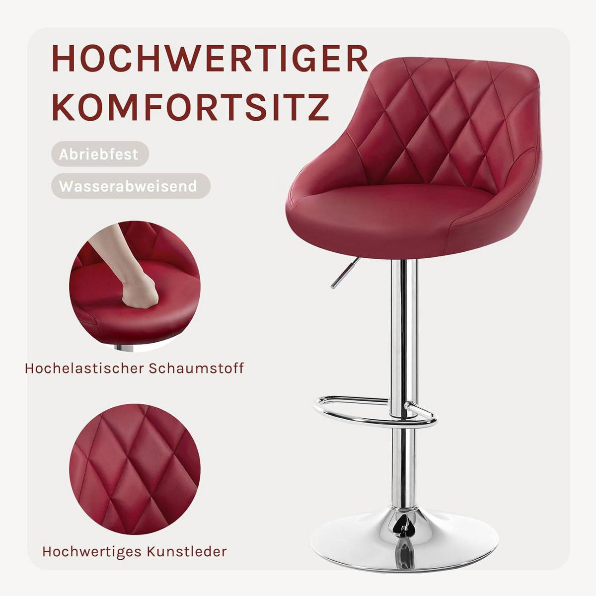 BARHOCKER 2er Set, Kunstleder,Höhenverstellbar, 360° Drehbar - Bordeaux, Metall (47/104/39cm) - Woltu