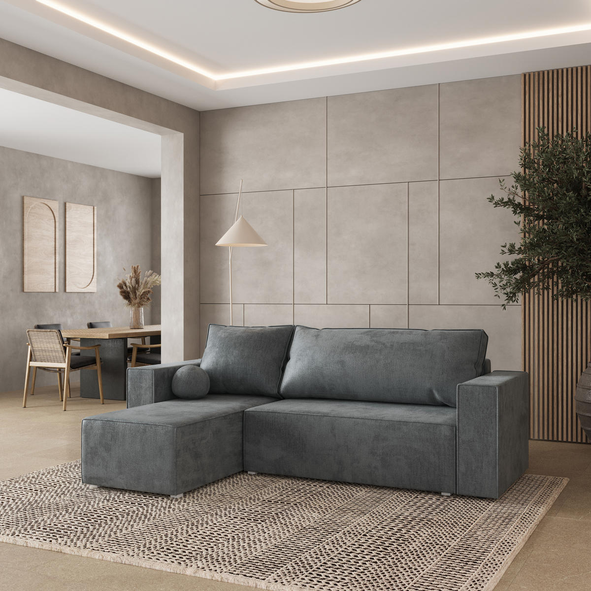 ROHOVÁ SEDAČKA RAVELO šedá - šedá, dřevo/textil (240/140cm) - MASSENO