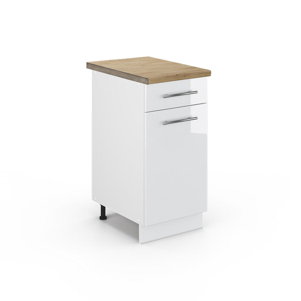 KÜCHENUNTERSCHRANK Fame-Line Weiß Hochglanz 40 cm, AP Eiche - Weiß Hochglanz/Weiß, Holzwerkstoff (40/82/60cm) - Vicco