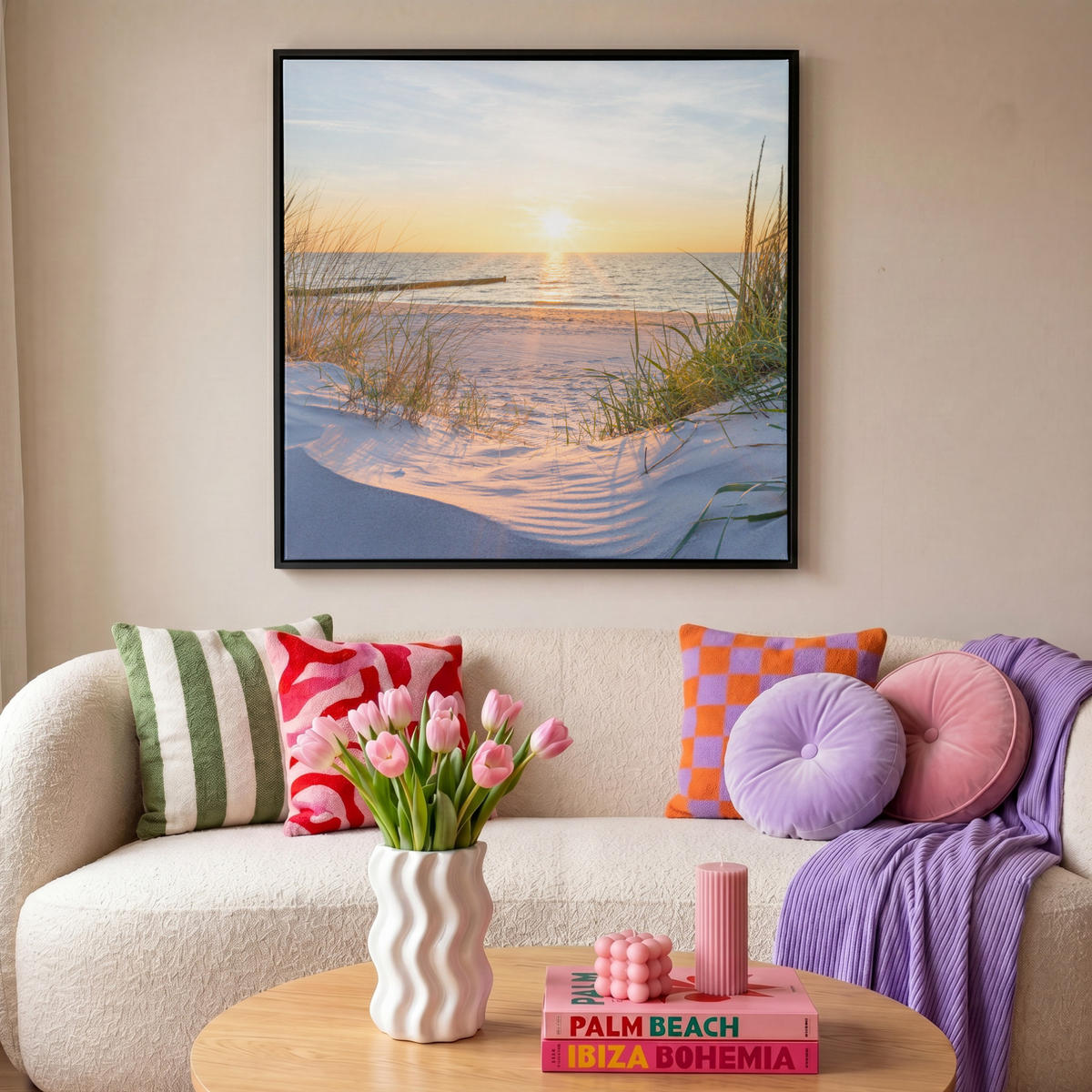 LEINWAND Bilder mit Rahmen - Strand - Sonne - Düne - Gras - Sand - Horizont - 90x90 - Hellblau, Textil (90/90cm) - MuchoWow
