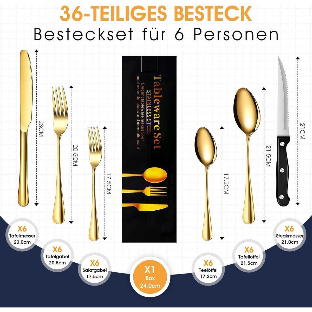 BESTECKSET 36-teilig Gold Edelstahl für 6 Personen - Goldfarben, Metall