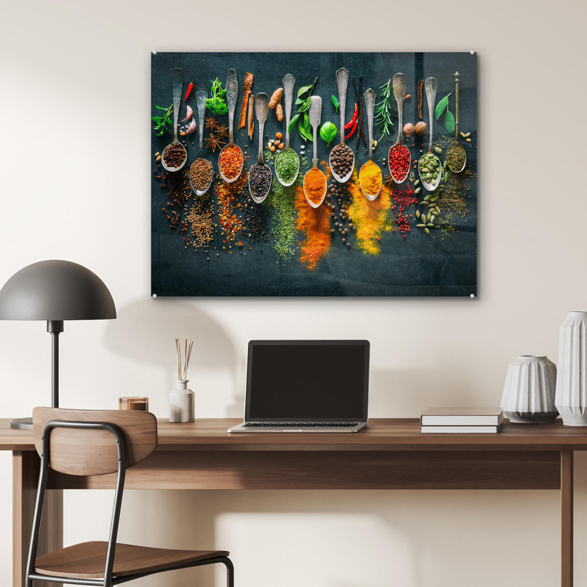OBRAZ NA AKRYLOVOM SKLE Bylinky - korenie - lyžičky 80x60 cm - kari žltá, sklo (80/60cm) - MuchoWow
