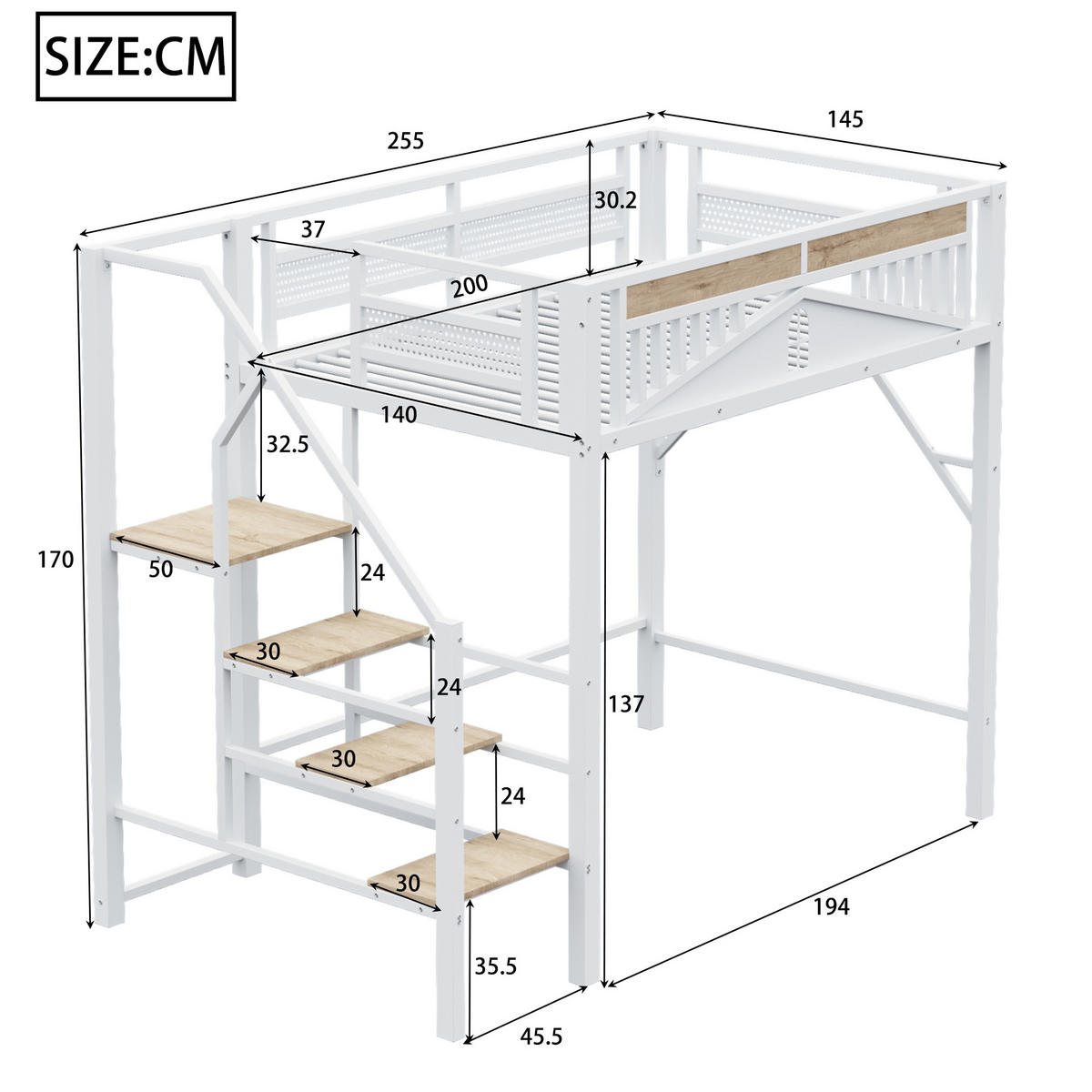 HOCHBETT 140/200 cm aus Metall und Holz mit Sicherheitsleiter, Stauraum und Fensterdesign, Weiß - Weiß, Metall (140/200cm) - Redom
