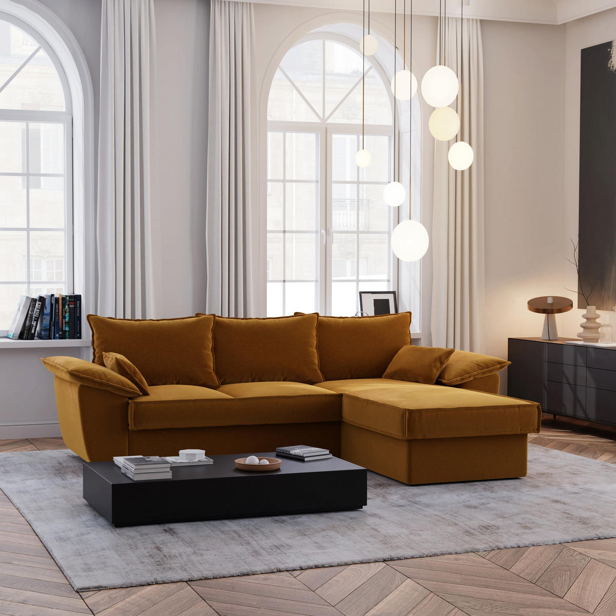 ECKSOFA RECHTS Samtstoff Senf 257cm - Dunkelgelb, Textil (257/168cm) - Sia Home