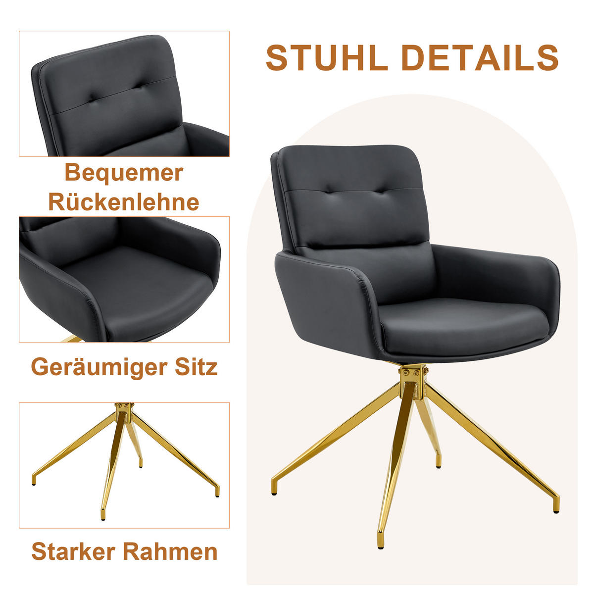 ESSGRUPPE DE-39476 5-teilig, Glastisch und 4 Drehstühlen mit Knopfverzierung Schwarz - Schwarz, Metall (85/75/85cm) - ComfortXL