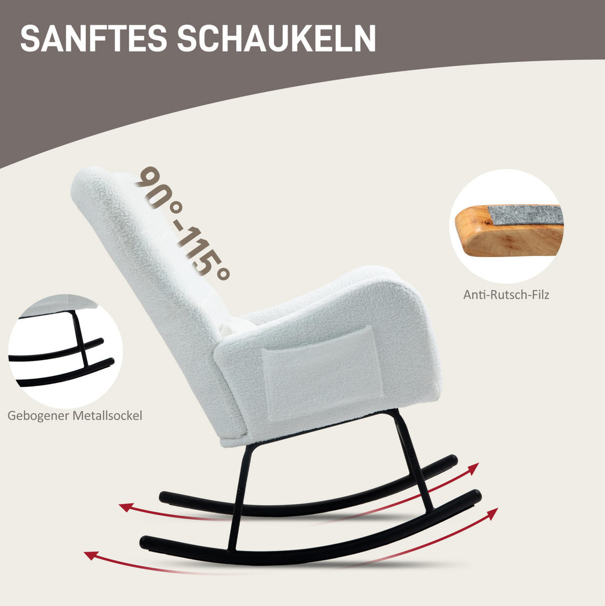 SCHAUKELSTUHL Teddystoff-Optik mit Seitentasche 67/95/100 cm Weiß - Weiß, Textil (67/100/95cm) - Redom