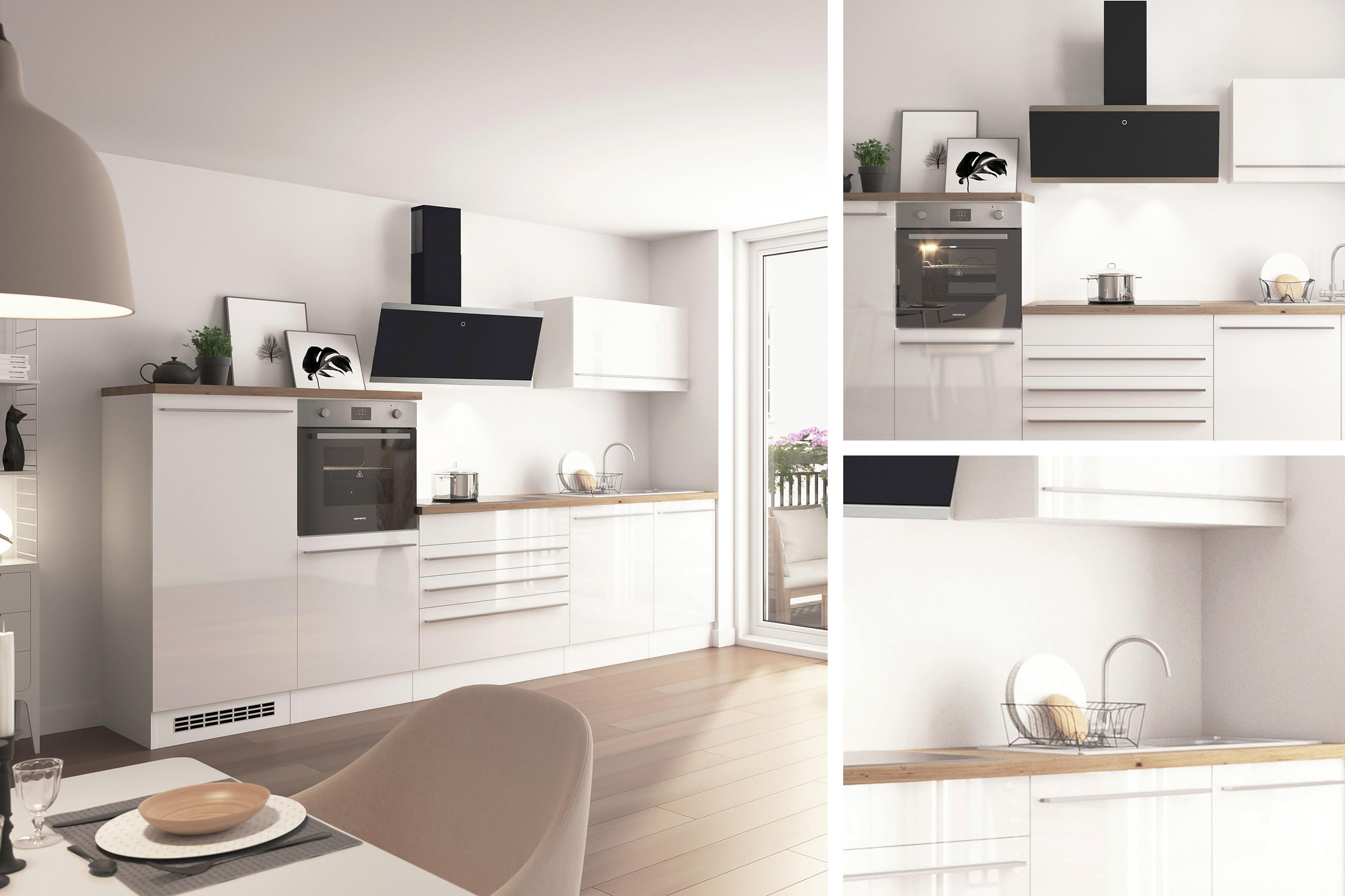 Ganze Küche und Detailaufnahmen einer hellen Küche von Respekta, mit Holzarbeitsplatte und modernen Griffen.