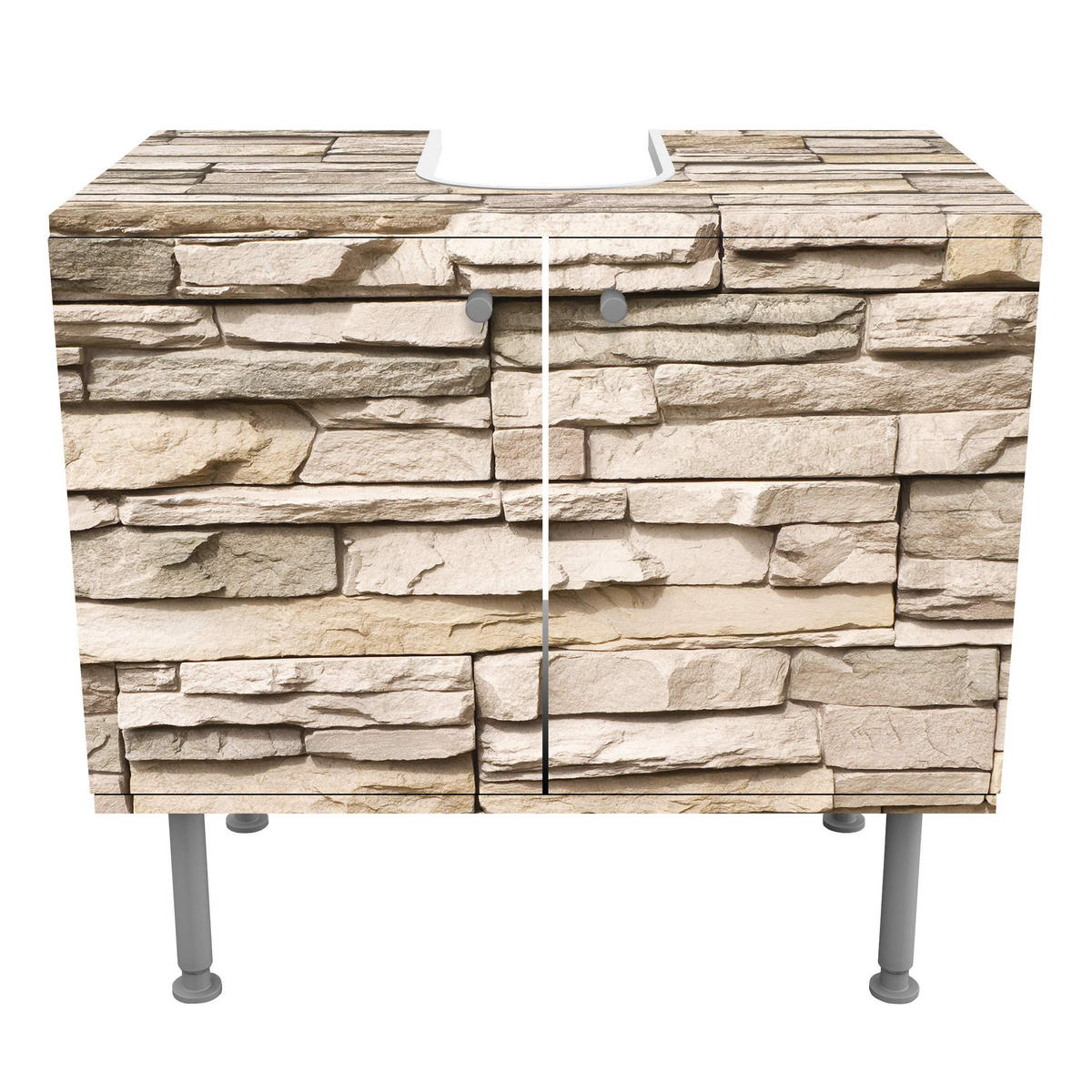 WASCHBECKENUNTERSCHRANK Asian Stonewall - Steinmauer aus großen hellen Steinen 60/55/35 cm - Beige, Holzwerkstoff (60/55/35cm) - Bilderwelten