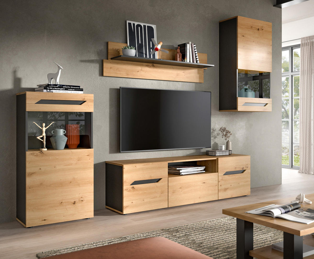 WOHNWAND Eiche Artisan und Grau, Set mit 2x Vitrine hängend / stehend, Breite 260 cm - Dunkelgrau/Schwarz, Glas/Holzwerkstoff (354/196/40cm) - Inn.Furn