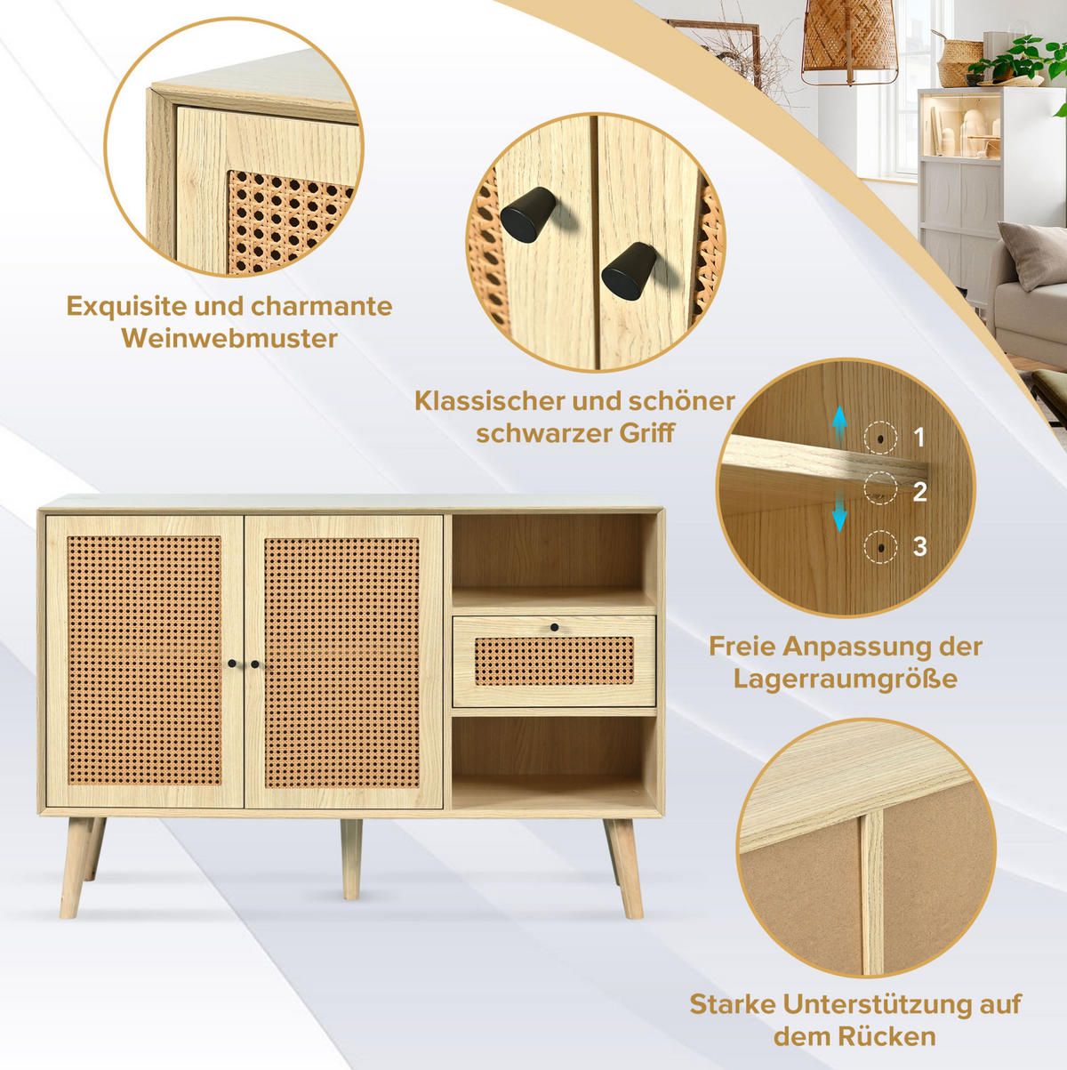 SIDEBOARD 120/40/80 cm in Eiche mit Rattangeflecht, 1 Schublade und 2 Türen - Eichefarben, Holzwerkstoff (120/80/40cm) - Flora Grace