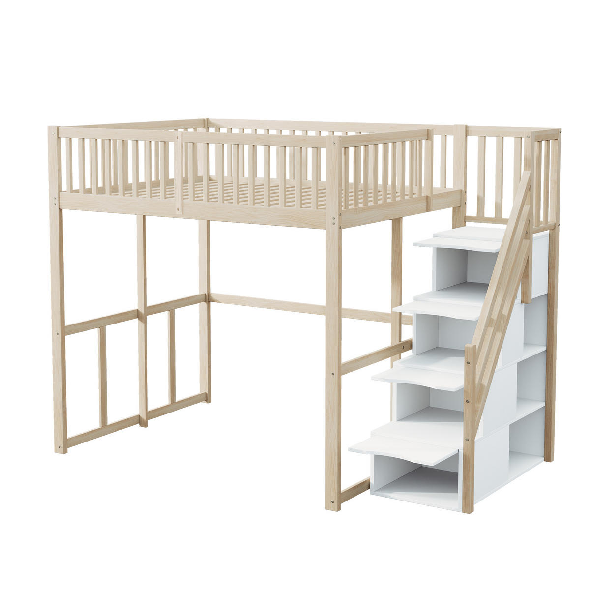 HOCHBETT 140/200 cm in Natur mit Stauraumtreppe und Sicherheitsumrandung - Naturfarben, Holz/Holzwerkstoff (140/200cm) - CHICFURN