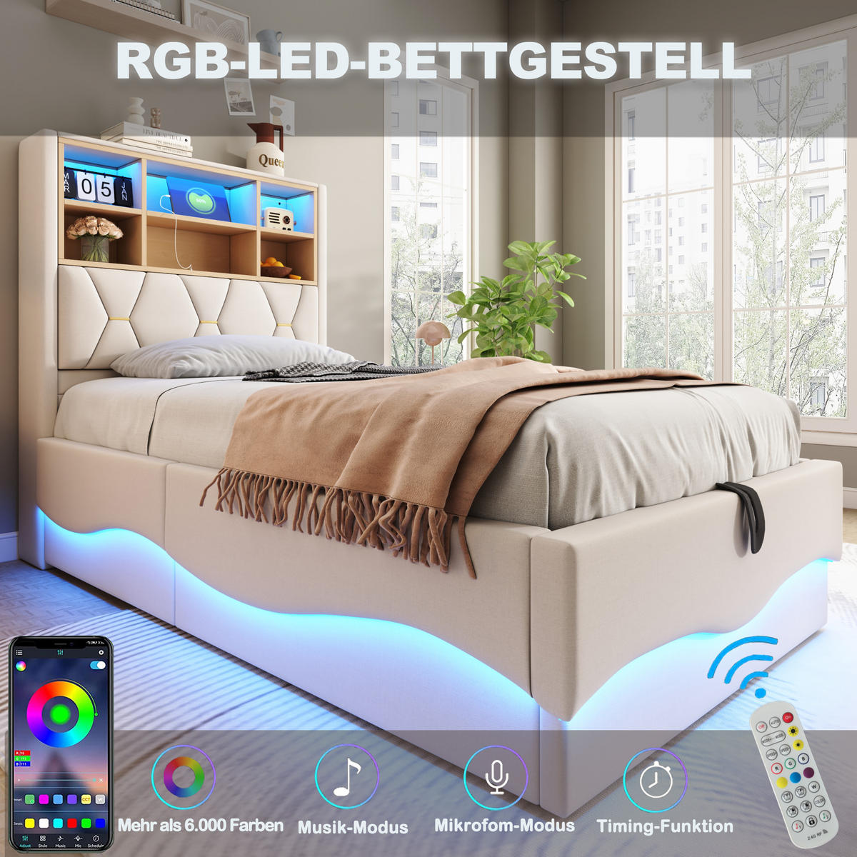 KINDERBETT 90/200 cm Beige mit hydraulischem Stauraum und LED-Beleuchtung - Beige, Metall (90/200cm) - OKWISH