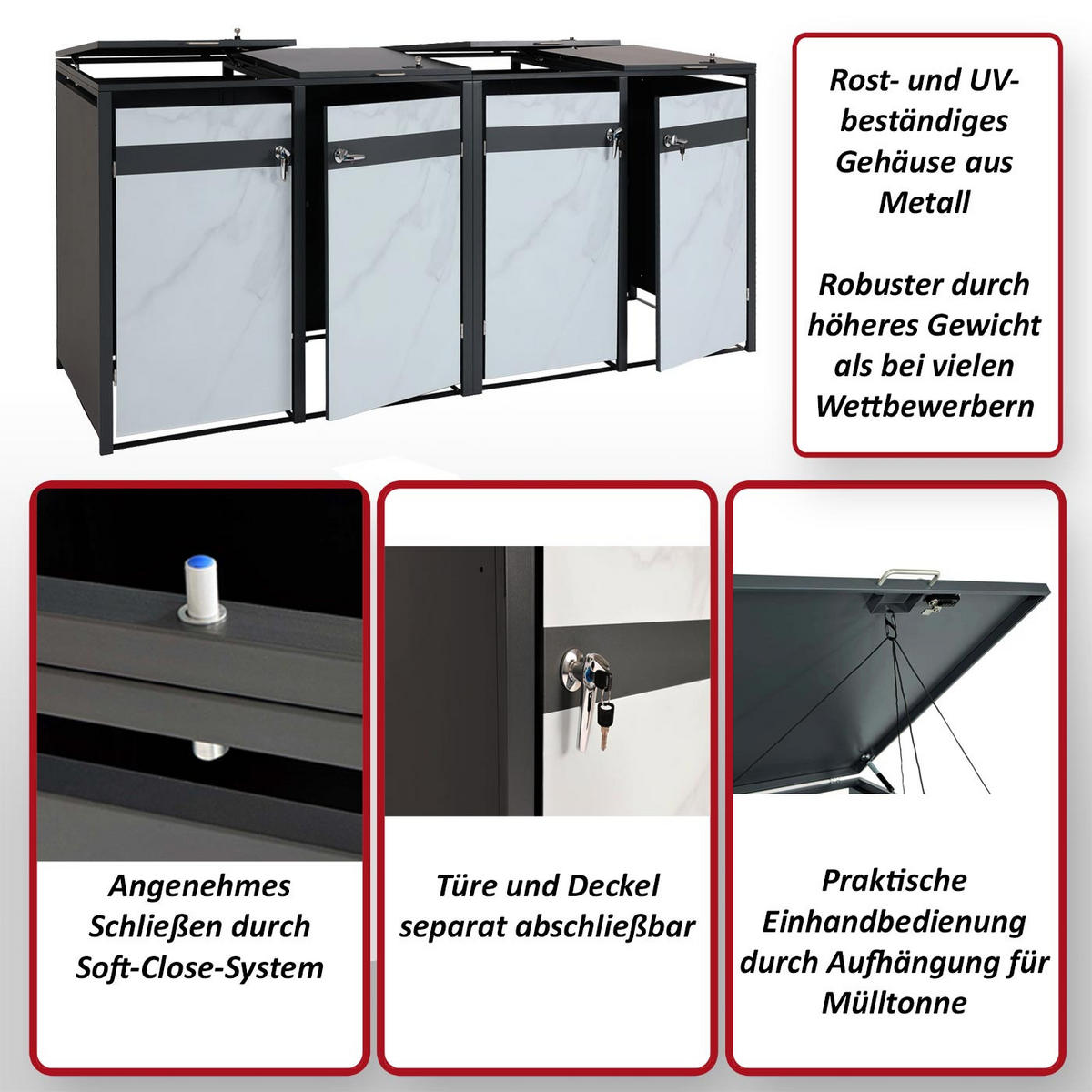 4ER MÜLLTONNENVERKLEIDUNG rechteckig Anthrazit, Kirschbaum Dekor - Kirschbaumfarben/Anthrazit, Metall (264/117/80cm) - MCW