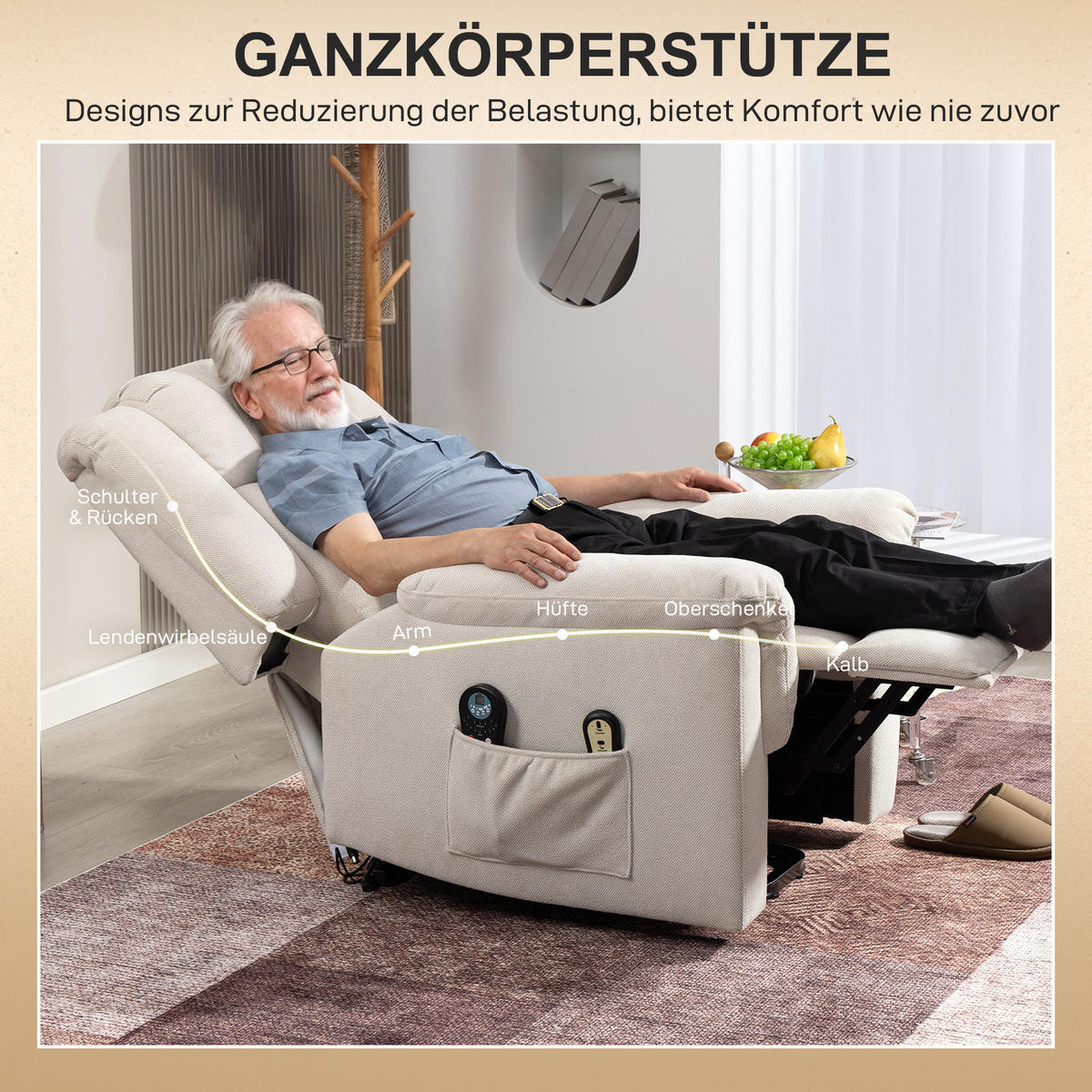 RELAXSESSEL Fernsehsessel Elektrisch Verstellbar Massagesessel mit Aufstehhilfe - Beige, Textil (85/104/91cm) - HOMCOM