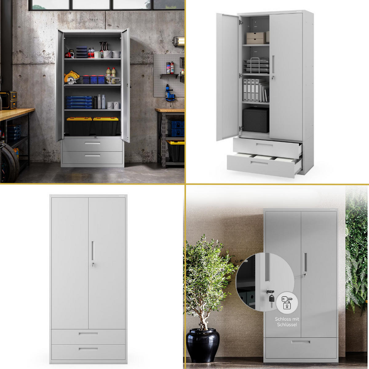METALLSCHRANK mit Doppel-Schublade RUEL 195x90x40cm Grau - Grau, Metall (90/195/40cm) - DELUKE