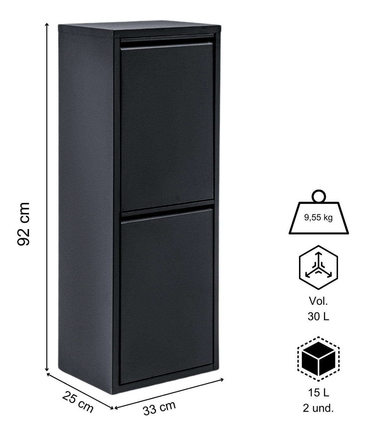 MÜLLEIMER 2 Fach Schwarz Mülltrennsystem aus Metall - Schwarz, Metall (33/92/25cm) - Gowoll