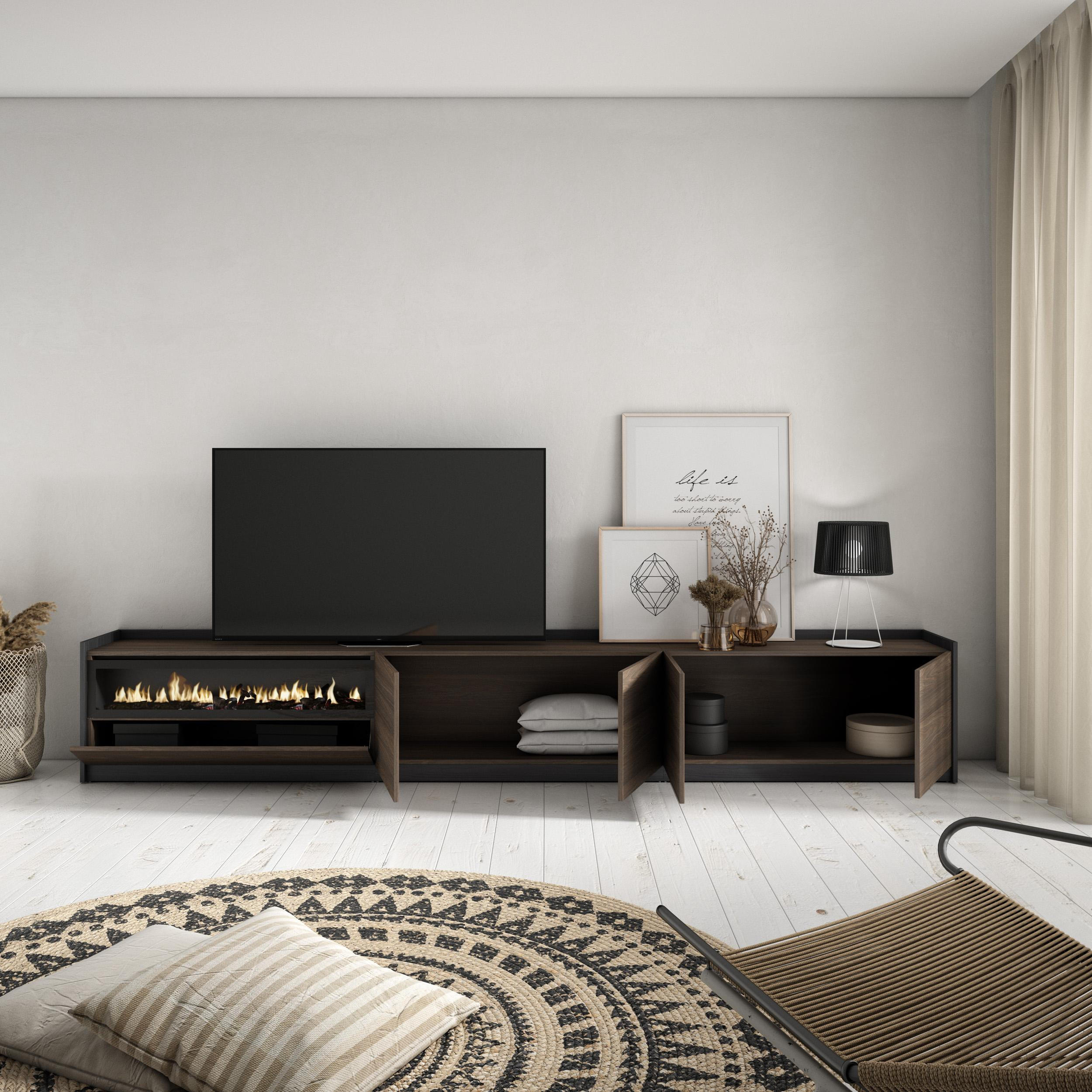 TV-SCHRANK, Dunkler Eiche und Schwarz, Elektrokamin, 310/37/50cm - Dunkelbraun, Holzwerkstoff (310/50/37cm) - Skraut Home