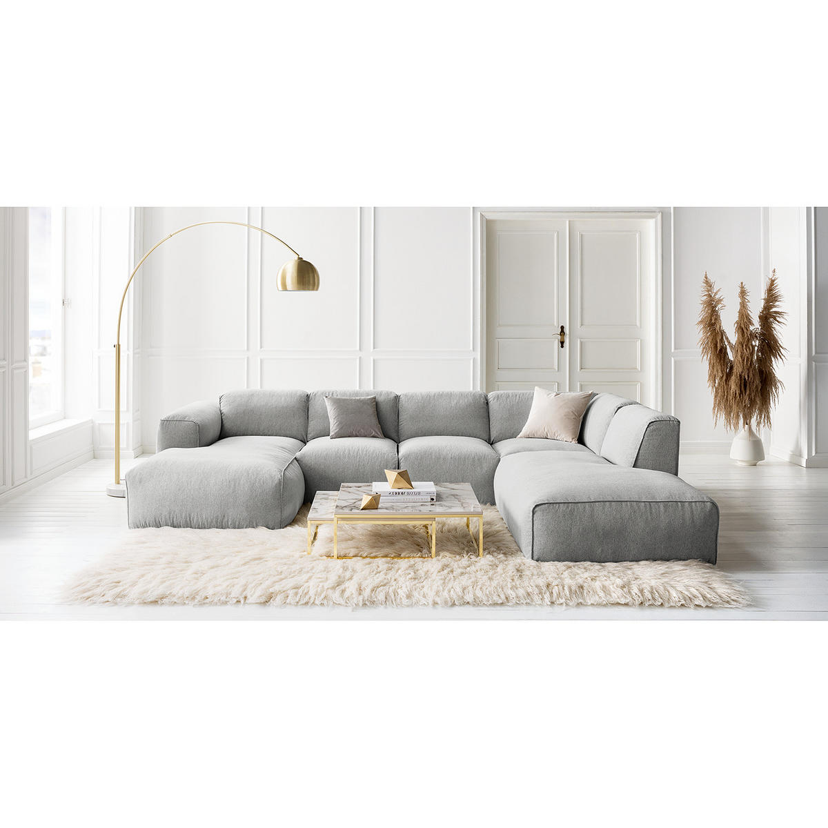 WOHNLANDSCHAFT mit Longchair - Hellgrau/Schwarz, Kunststoff/Textil (325/71/235cm) - home24