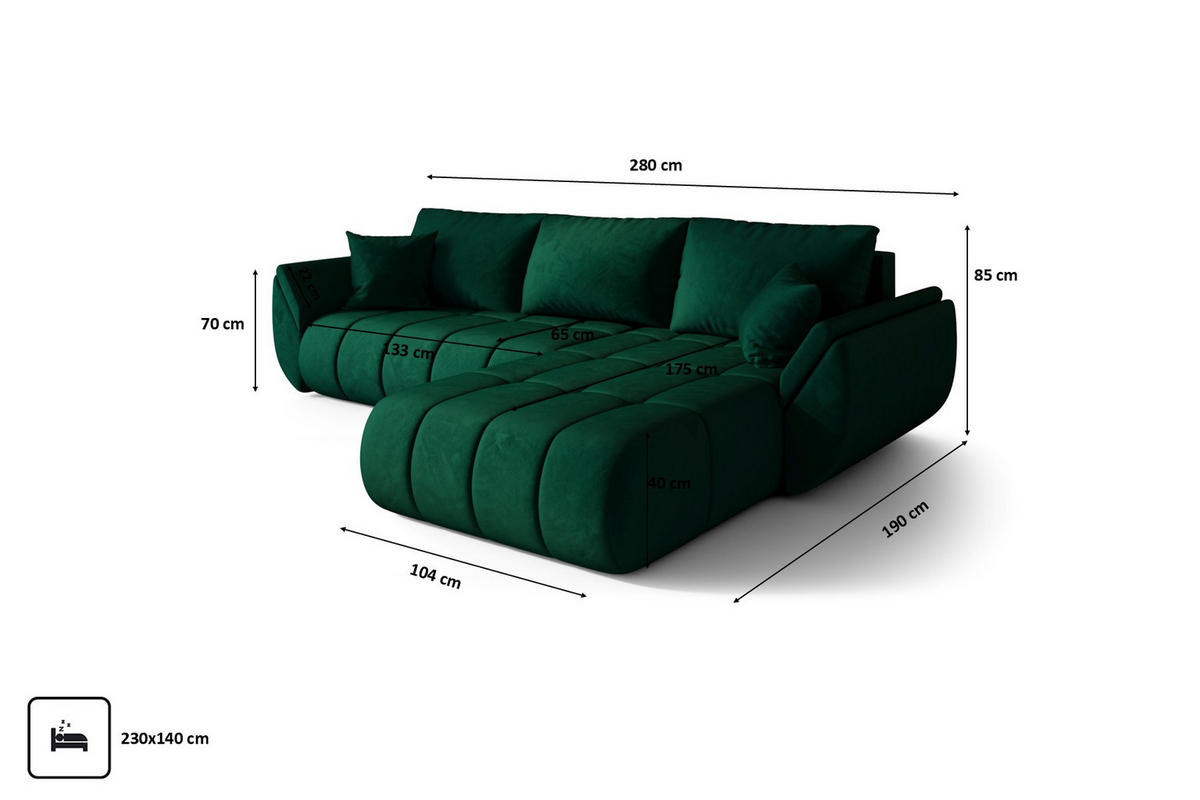 ECKSOFA TOKYO PREMIUM mit Schlaffunktion, Stoff MONOLITH, Grün, Rechts - Grün, Holz (280/190cm) - Kaiser Möbel