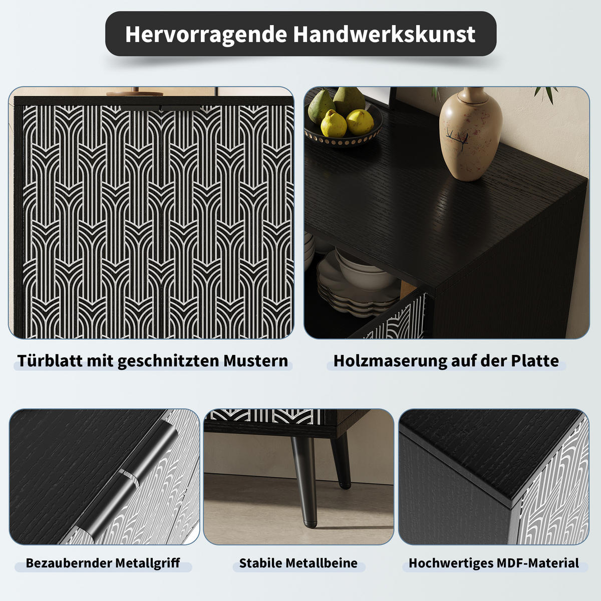 SIDEBOARD 120/35/78 cm mit 2 Türen, Metallbeinen und geometrischer Front - Schwarz, Holzwerkstoff (120/78/35cm) - BEAOK